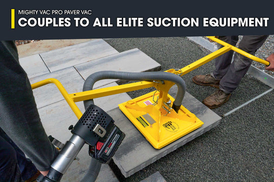 Yellow suction equipment being used on a sidewalk with text about Mighty Vac Pro Paver Vac.