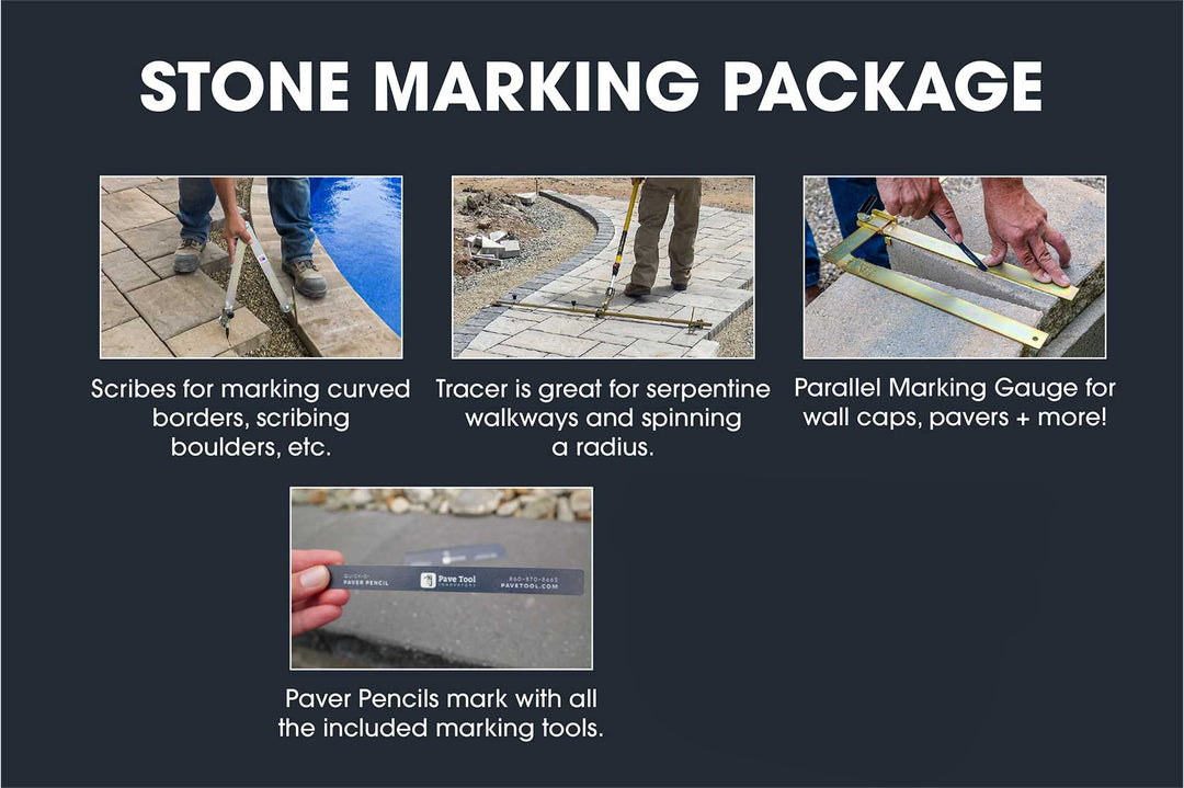 Stone marking package with tools and their uses on a dark background