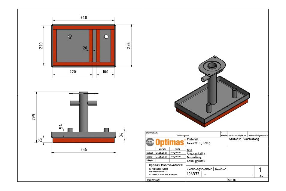 Technical drawing of a pad with dimensions and Optimas branding.