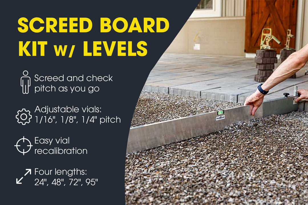  screed board kit with levels for concrete leveling, shown in use outdoors on a gravel surface next to a patio. The image features a dark gray graphic overlay on the left with product features and text, and a photo of a person's arm adjusting the screed board.