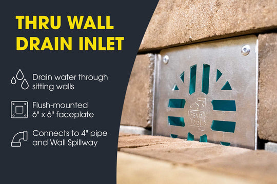 A metal through-wall drain inlet mounted on a stone wall, with text callouts describing its features: draining water through sitting walls, flush-mounted 6" x 6" faceplate, and connection to 4" pipe and wall spillway.