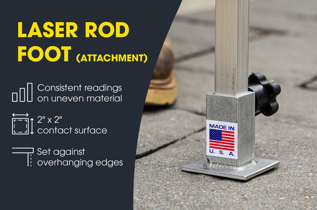 Laser rod foot attachment shown on a concrete surface, with a dark informational panel on the left reading 'LASER ROD FOOT (ATTACHMENT)' and feature icons. A small 'MADE IN U.