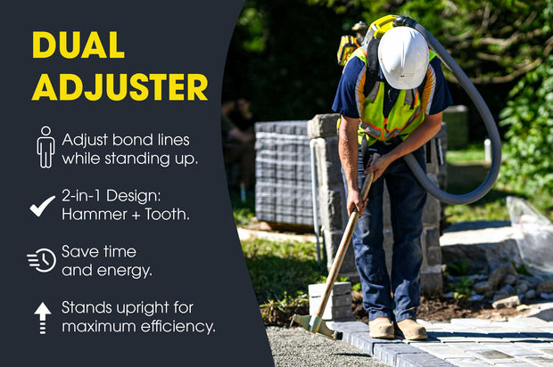 Person using a dual adjuster tool in construction work with text highlighting features.