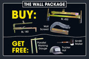 Promotional graphic for 'The Wall Package' with tools and items included.