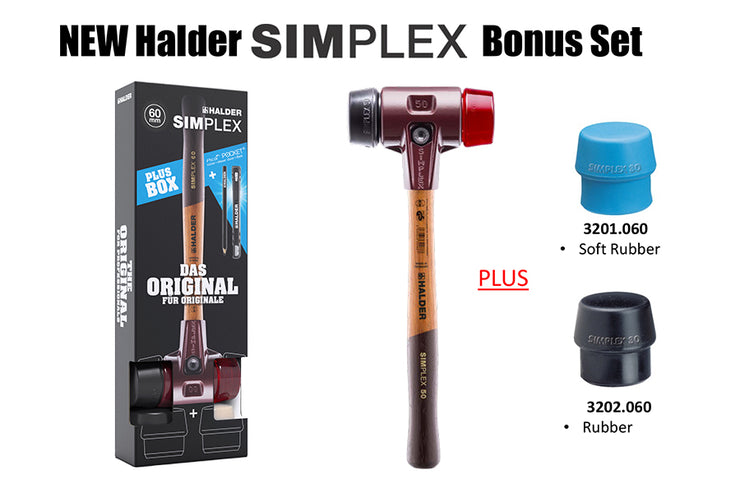 Halder Simplex Bonus Box Set with Red and Black 60 Mallet - Item# 3026.060 3.5 lbs with 1 Extra Blue Rubber and 1 Black Rubber insert Included with Fleece Beanie Cap. 2.36" Face Diameter, 9.40 lbs, 18 Overall length