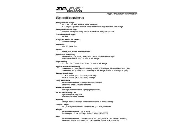 Ziplevel Pro-2000 Specifications